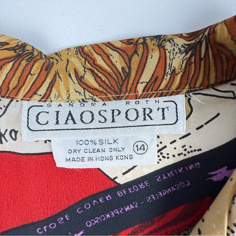 Ciaosport Retro Vintage Button Down Silk Top Women's Size 14 - Picture 6 of 9